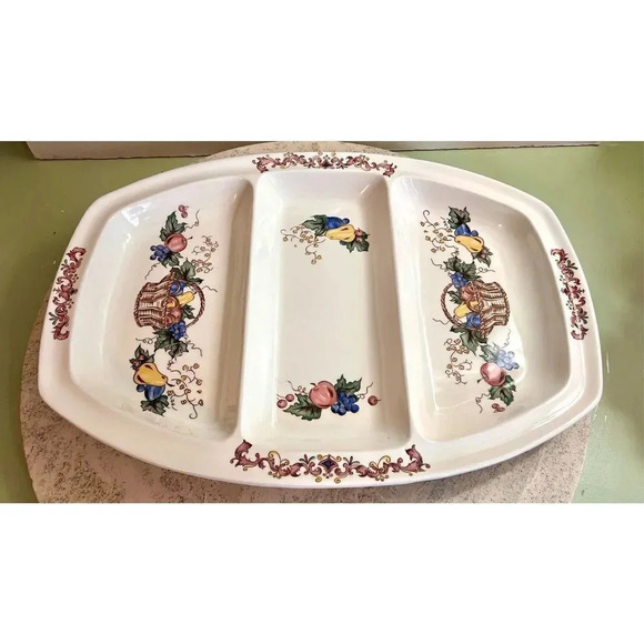 Multicolor Fruit Motif Vintage Oval Ceramic Platter Divided Serving Tray - Picture 1 of 10